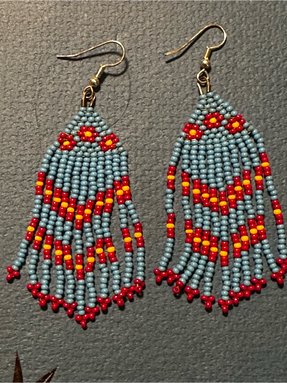 Handmade Blue, Red & Yellow Seed Bead Fringe Earrings